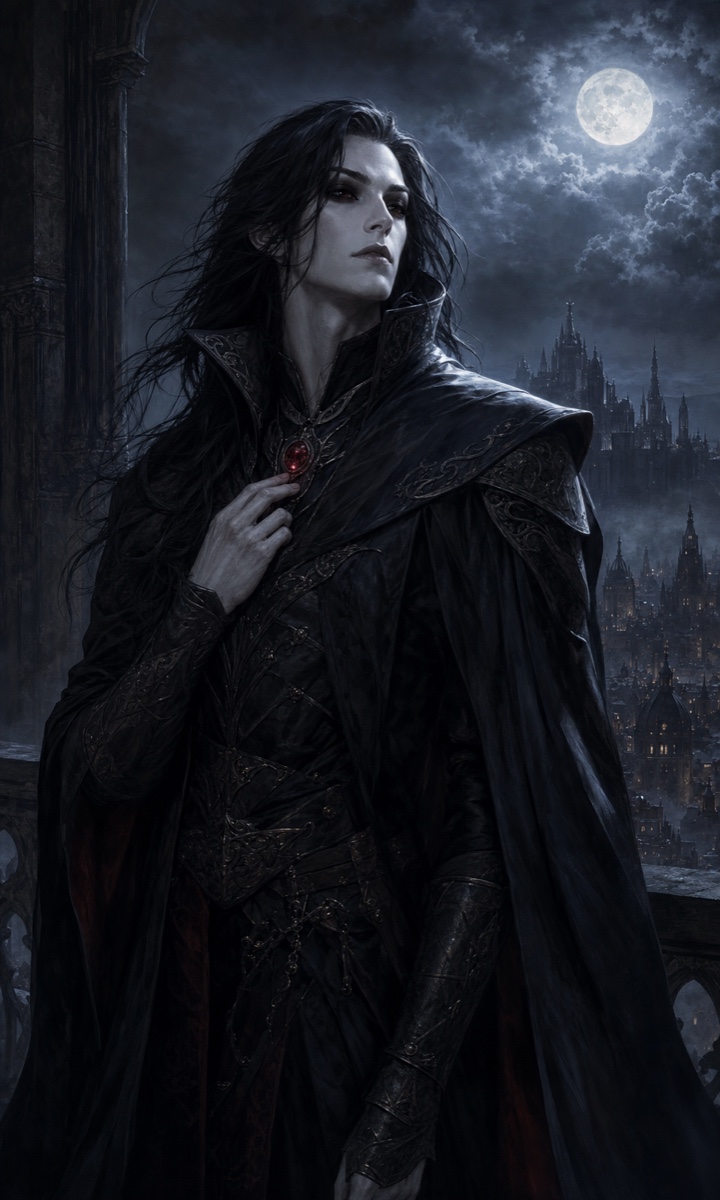 A pale Muatana-al overlooking the moonlit black-onyx city of Muldavia
